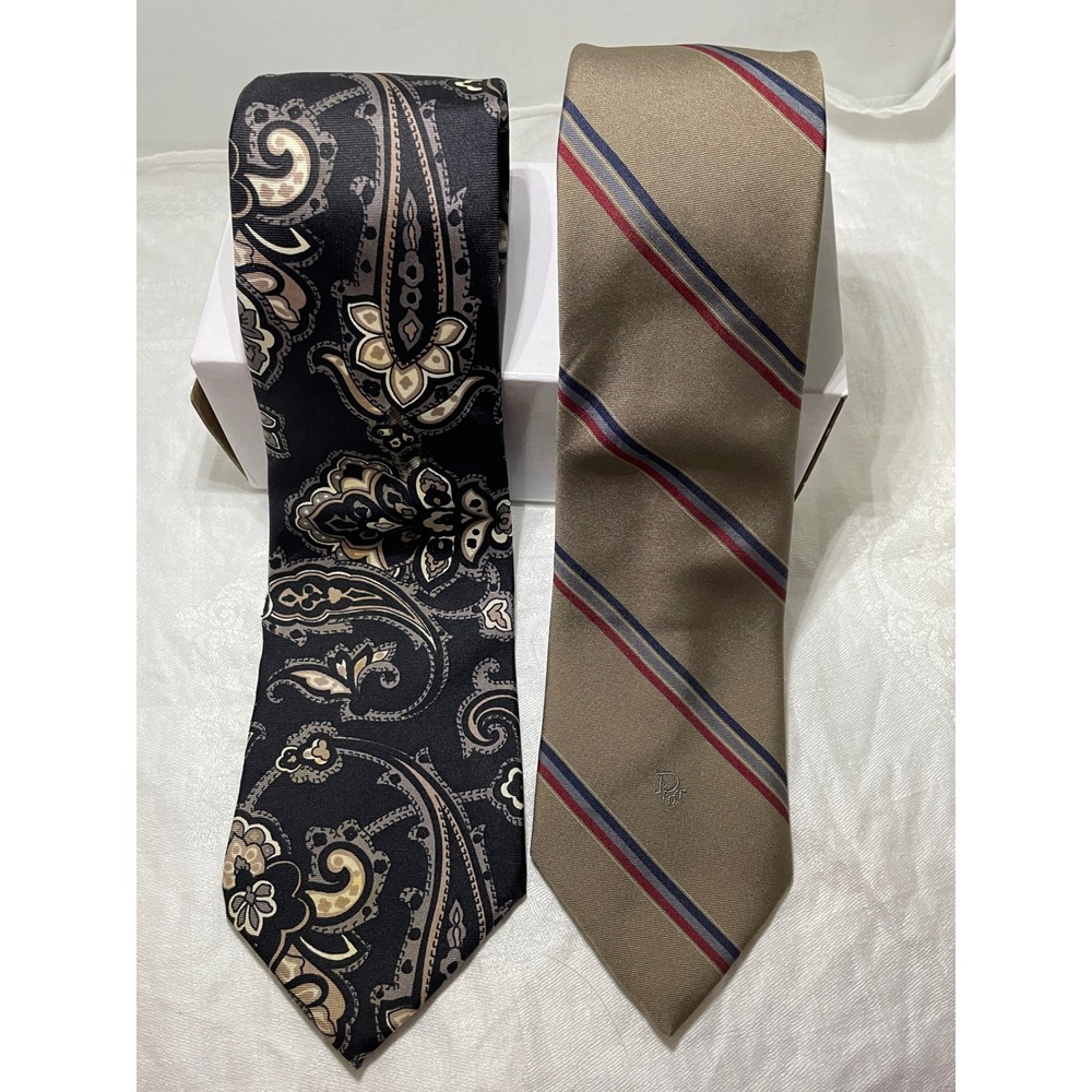 Christian Dior Men's Silk Ties Set of 2 Designer Paisley Striped Neckties